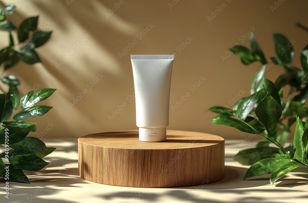 White plastic cosmetic tube placed on a wooden platform, surrounded by lush green foliage. The scene is illuminated with warm, natural light, creating a serene and inviting atmosphere. White plastic cosmetic tube placed on a wooden platform, surrounded by lush green foliage. The scene is illuminated with warm, natural light, creating a serene and inviting atmosphere.