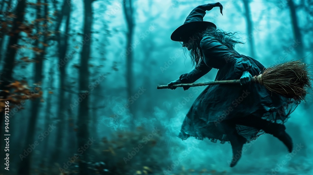 Mysterious Witch Flying Through Misty Forest Mysterious Witch Flying Through Misty Forest