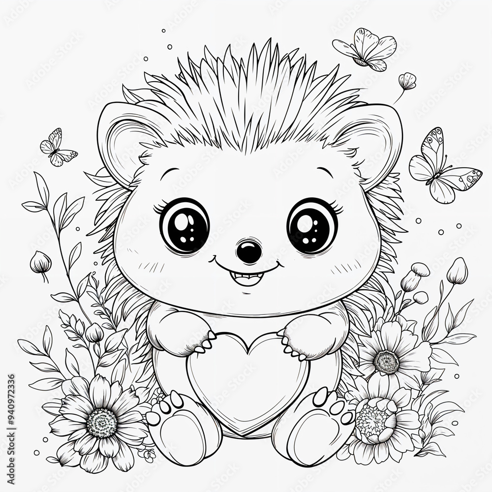 Fototapeta premium A cute Hedgehog cartoon character, coloring page for kids
