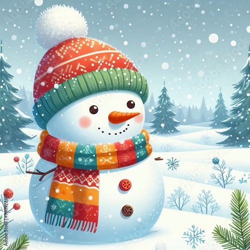 A cute snowman in the snow with a hat and scarf, surrounded by festive winter elements like snowflakes and trees, perfect for a holiday card photo