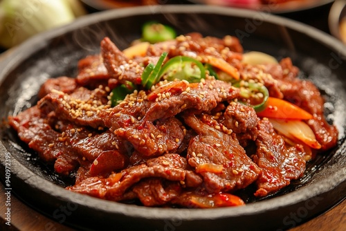 meat, dish, close-up, meal, bulgogi, food, dinner, food ingredients, korean food, ingredients, vegetables, pork, plate, lunch, korean culture, groceries, red pepper paste bulgogi. Generative Ai