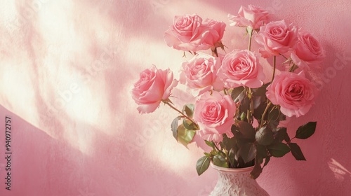 Pink roses in a vase, highlighted against a pink wall, creating a charming and romantic visual.