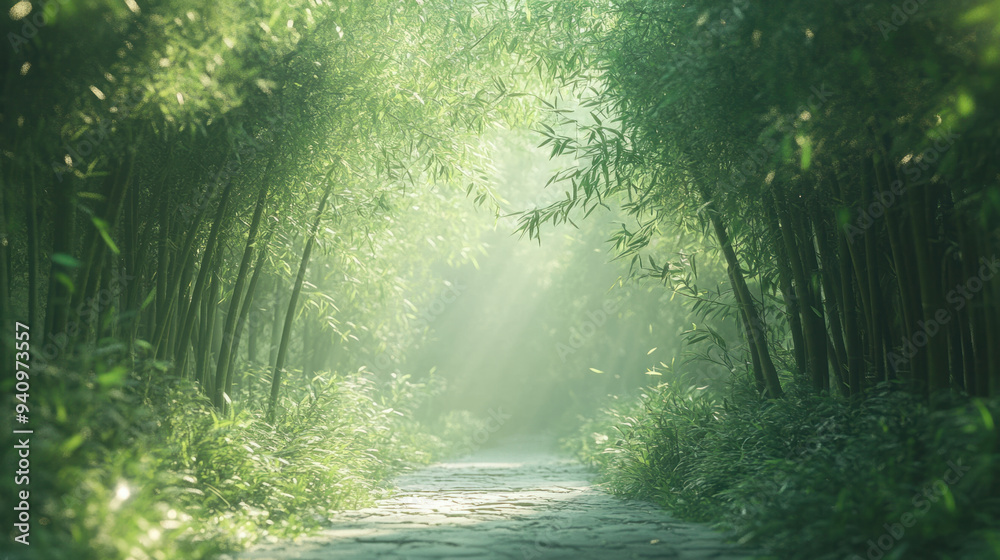 Obraz premium Bamboo Forest, A serene view of an ancient Chinese bamboo forest with gentle wind blowing, causing the bamboo leaves to flutter elegantly