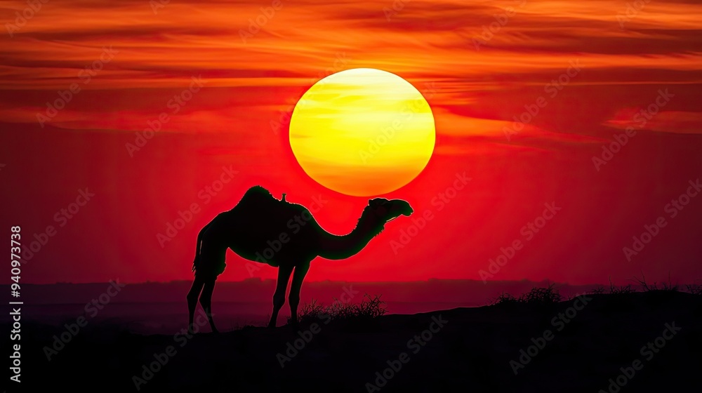 Naklejka premium Silhouette of a camel against a vibrant, round sunset in the desert, creating a dramatic and timeless scene.