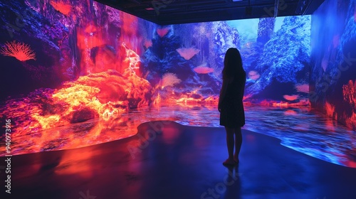 Immersive Digital Art Experience: Woman in Vibrant Virtual World