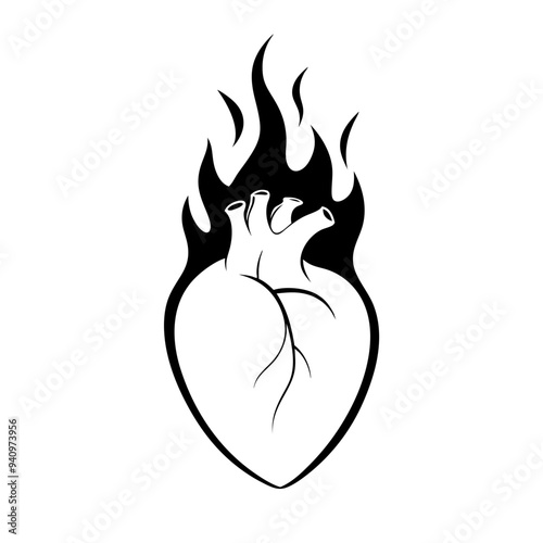 A visually striking image of an anatomically correct heart engulfed in flames