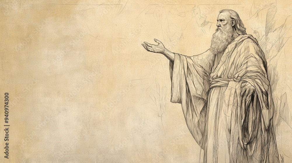 Fototapeta premium Eliphaz’s Call for Repentance in the Bible - Illustration of Eliphaz Declaring That Job’s Restoration Depends on Returning to God, Beige Background