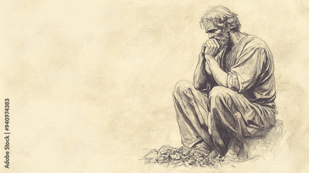Fototapeta premium Job’s Prayer for Deliverance in the Bible - Illustration of Job Sitting in Ashes, Clasping His Hands in Prayer with Pain and Hope, Beige Background