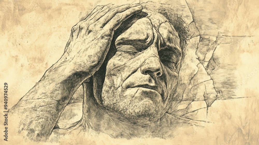 Fototapeta premium Job’s Reflection on Misery in the Bible - Illustration of Job Standing Alone in Desolation, Reflecting on His Pain and Sorrow, Beige Background