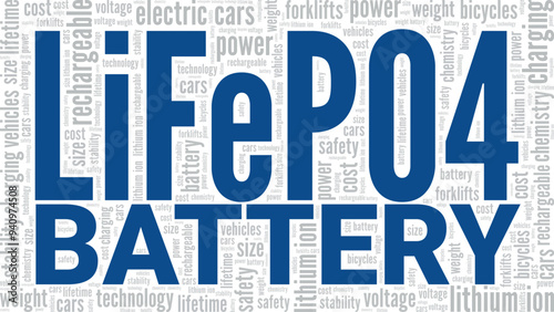 Lithium Iron Phosphate Battery: LiFePO4 Battery word cloud conceptual design isolated on white background.