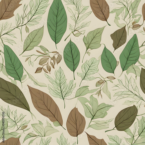 Wallpaper Mural Botanical T-shirt Design with Detailed Sketch-style Illustrations of Various Leaves and Branches in Green and Brown Tones, Offering a Nature-inspired, Organic Look for Eco-conscious Fashion Enthusiast Torontodigital.ca