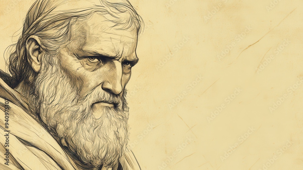 Fototapeta premium Zophar’s Call to Repentance in the Bible - Illustration of Zophar Confidently Speaking About God’s Justice, Beige Background