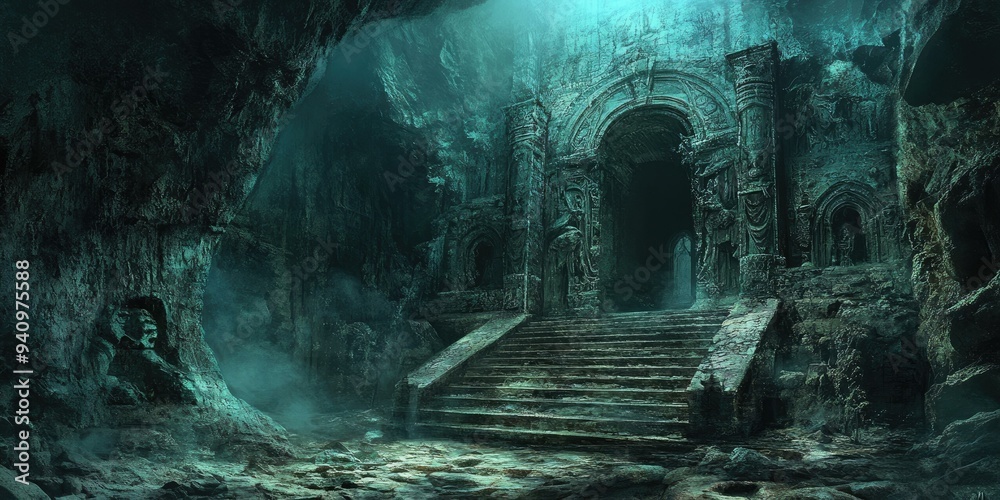 An ancient stone archway in a dark, misty cave. An ancient stone archway in a dark, misty cave.