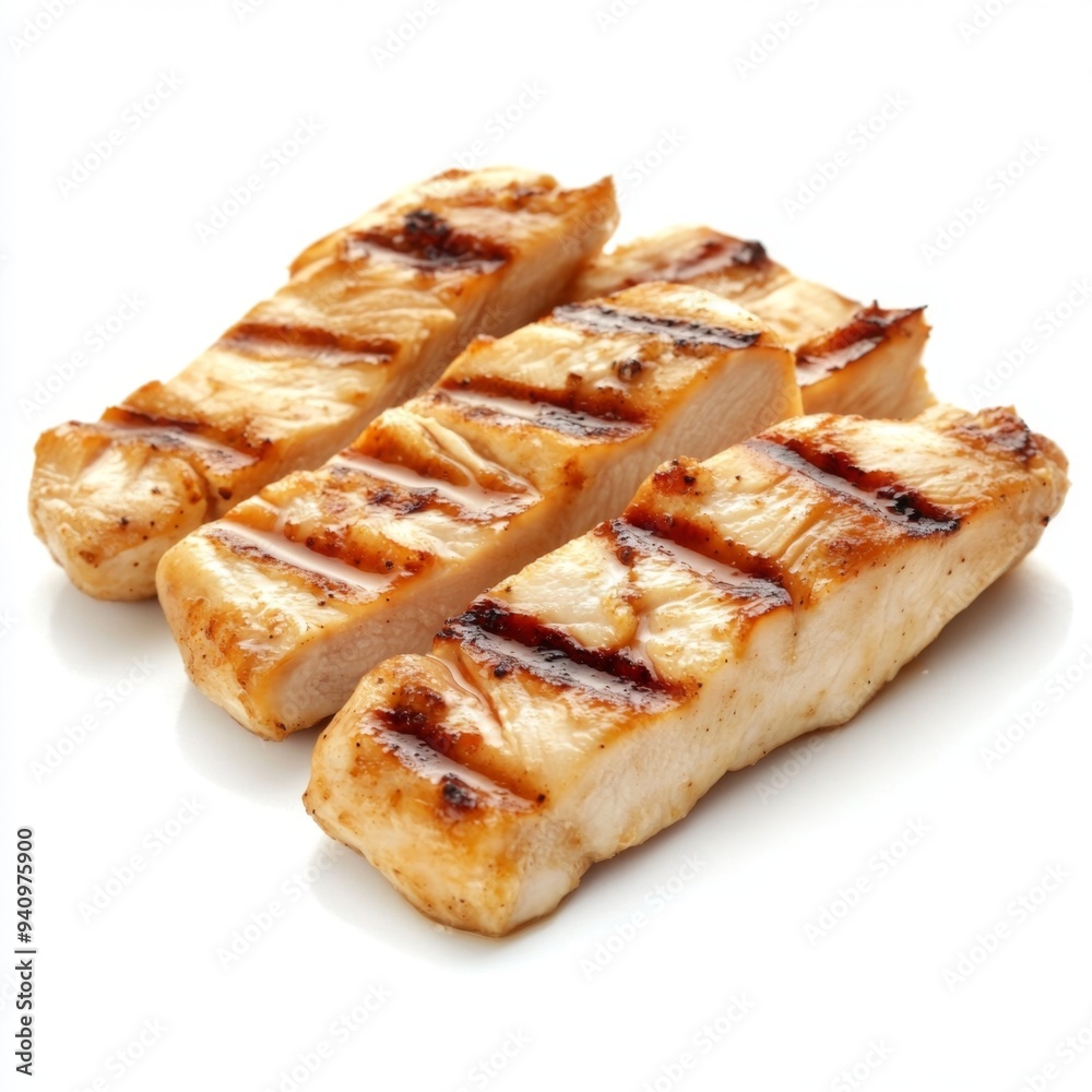 Succulent Grilled Chicken Strips with Perfect Sear Marks on White Background Succulent Grilled Chicken Strips with Perfect Sear Marks on White Background