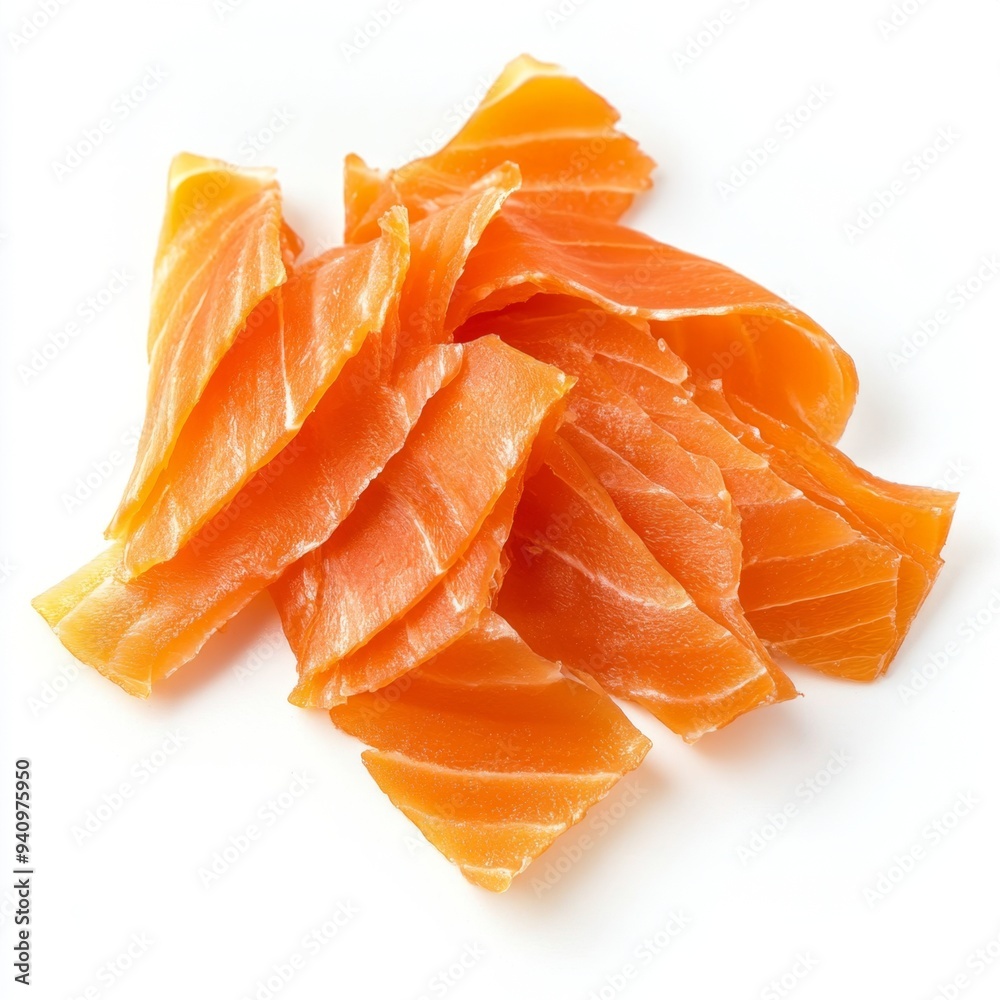 Gourmet Presentation of Thin Strips of Smoked Salmon with Rich Orange Color on White Background