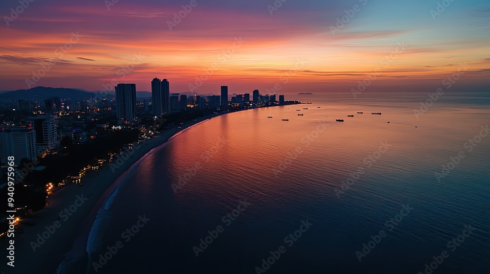 The contrast between Pattaya calm beach at dawn and the city bustling skyline, captured from an aerial perspective.