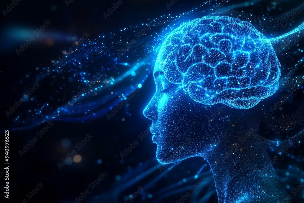 Digital rendering of a glowing blue brain with neural pathways symbolizing the power of the mind intelligence and the boundless possibilities of thought in a futuristic technological landscape Digital rendering of a glowing blue brain with neural pathways symbolizing the power of the mind intelligence and the boundless possibilities of thought in a futuristic technological landscape