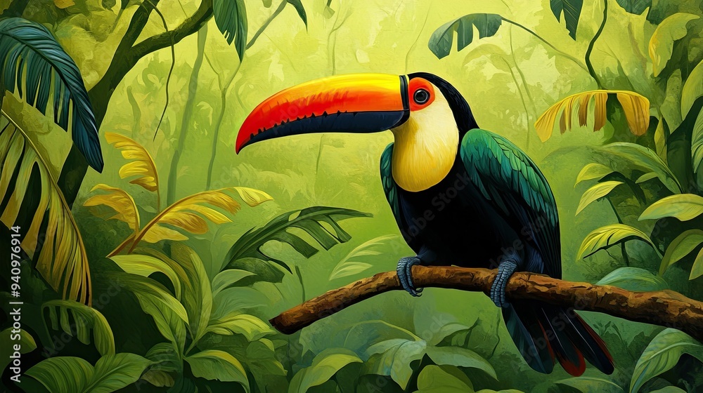 Obraz premium The iconic toucan, perched on a branch deep in the jungle, with its brilliant colors contrasting the green surroundings.
