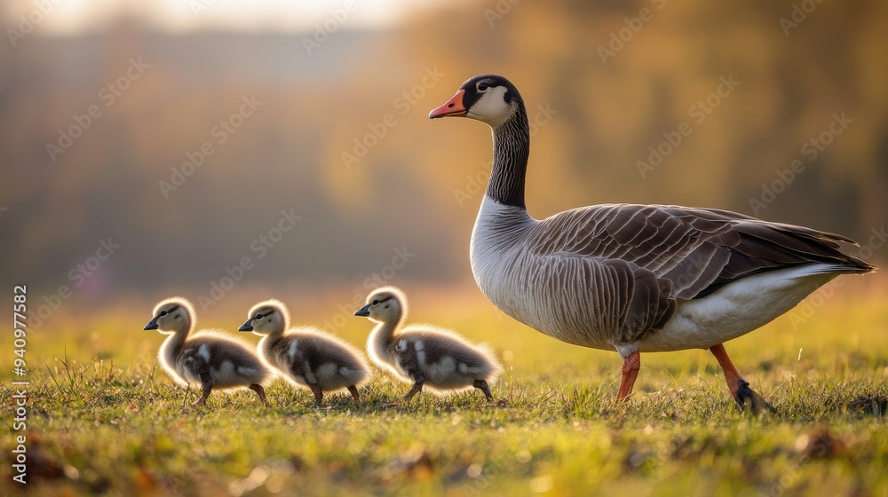 The maternal instinct of a greylag goose shines through as she guides her young across the grass by Lake Neusiedl in Burgenland. The maternal instinct of a greylag goose shines through as she guides her young across the grass by Lake Neusiedl in Burgenland.