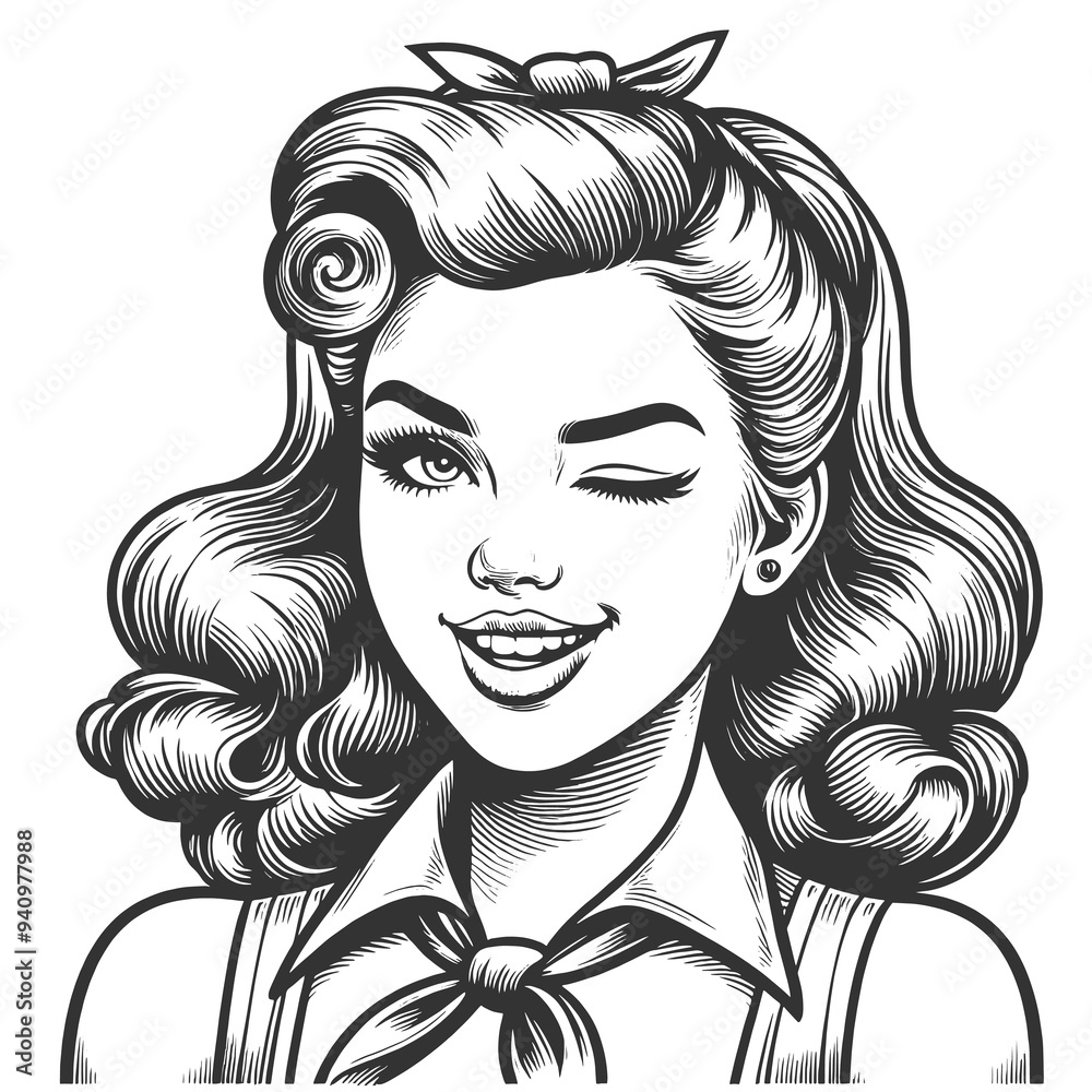 pin-up woman winking, classic glamour with voluminous hair sketch engraving generative ai fictional character raster illustration. Scratch board imitation. Black and white image. pin-up woman winking, classic glamour with voluminous hair sketch engraving generative ai fictional character raster illustration. Scratch board imitation. Black and white image.