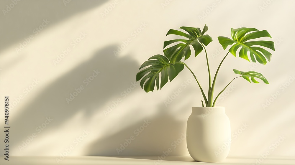 A single potted monstera plant with large green leaves against a white wall with sunlight casting shadows. A single potted monstera plant with large green leaves against a white wall with sunlight casting shadows.