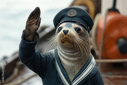 Sailor Seal: A seal in a sailor uniform with a cap, saluting on a boat deck. 