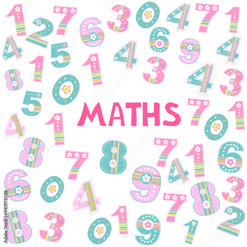 Maths. Presentation, website. Isolated lettering typography idea with icons. Algebra, geometry, statistics, basic maths. Education, back to school concept. Vector illustration