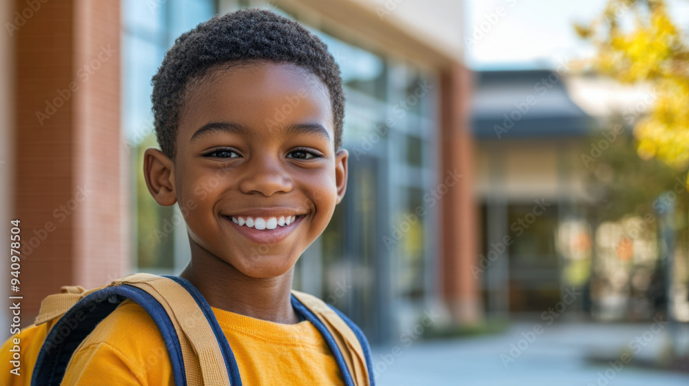 Happy Schoolboy, Cheerful African American boy with a backpack smiles ...