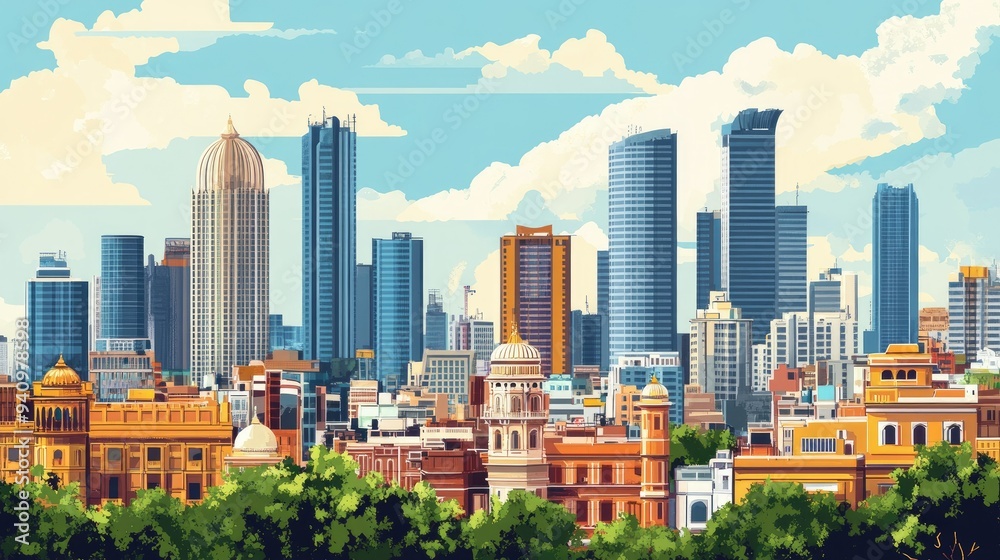 Naklejka premium The skyline of a major Indian city, featuring a mix of modern skyscrapers and traditional buildings.
