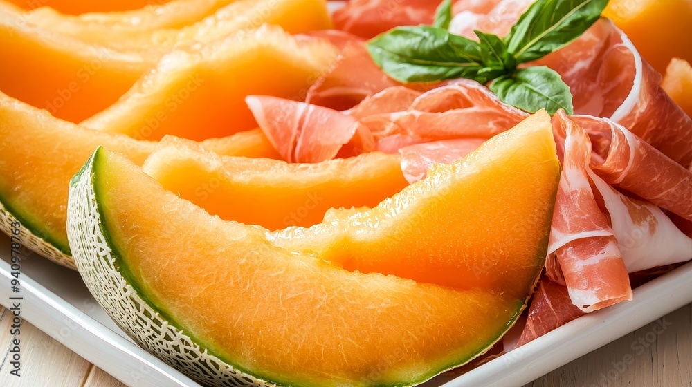 Juicy cantaloupe slices, vibrant orange, served on a platter with prosciutto, fresh and sweet Juicy cantaloupe slices, vibrant orange, served on a platter with prosciutto, fresh and sweet