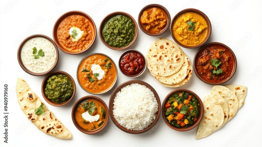 Top view of assorted Indian dishes, including rice, dal, naan, and colorful curries, isolated on a white background. Top view of assorted Indian dishes, including rice, dal, naan, and colorful curries, isolated on a white background.