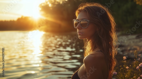 A woman prepares to dive into a serene lake at sunset, embodying summer's joy and adventure.