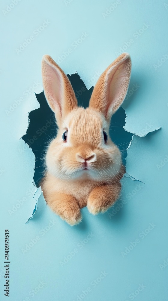 Obraz premium Curious Rabbit Peeking Through Blue Wall Hole: Playful Easter Bunny Banner for Year of the Rabbit Celebrations. Creative Animal Illustration for Holiday Marketing, Zodiac-Themed Campaigns, and Festive
