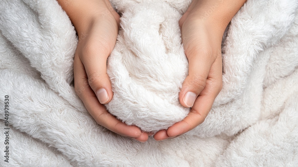 Hands holding a soft blanket in a cozy room Hands holding a soft blanket in a cozy room
