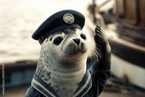 Sailor Seal: A seal in a sailor uniform with a cap, saluting on a boat deck. 