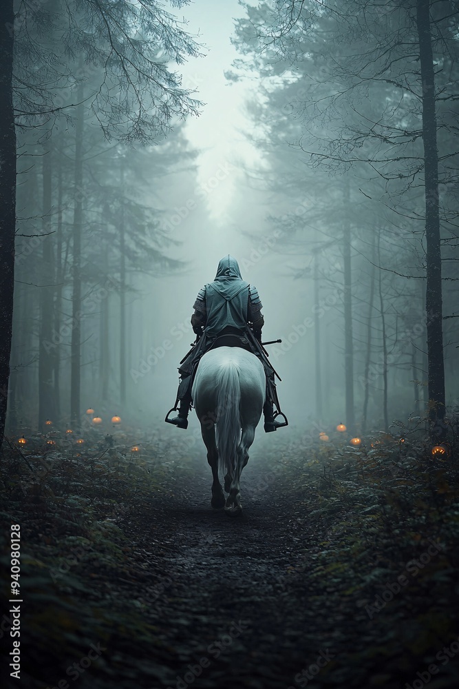 Fototapeta premium A medieval knight on horseback, riding through a misty forest with Halloween lanterns hanging from the trees. The image is designed with generous copy space for additional content or messaging.