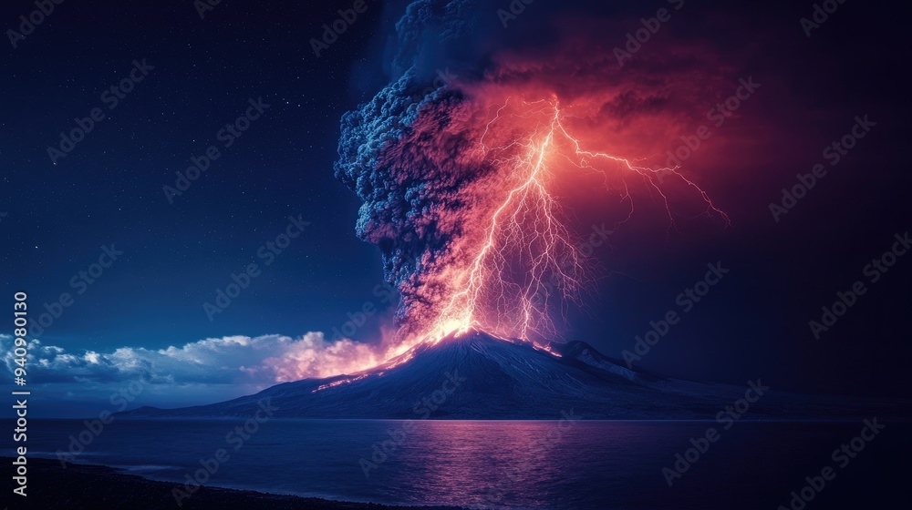 Volcanic eruption with intense lightning streaks illuminating the dark sky, showcasing the awe-inspiring power of nature. Volcanic eruption with intense lightning streaks illuminating the dark sky, showcasing the awe-inspiring power of nature.