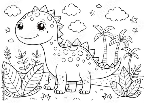 Hand drawn kawaii coloring book with Dinosaur AI generated