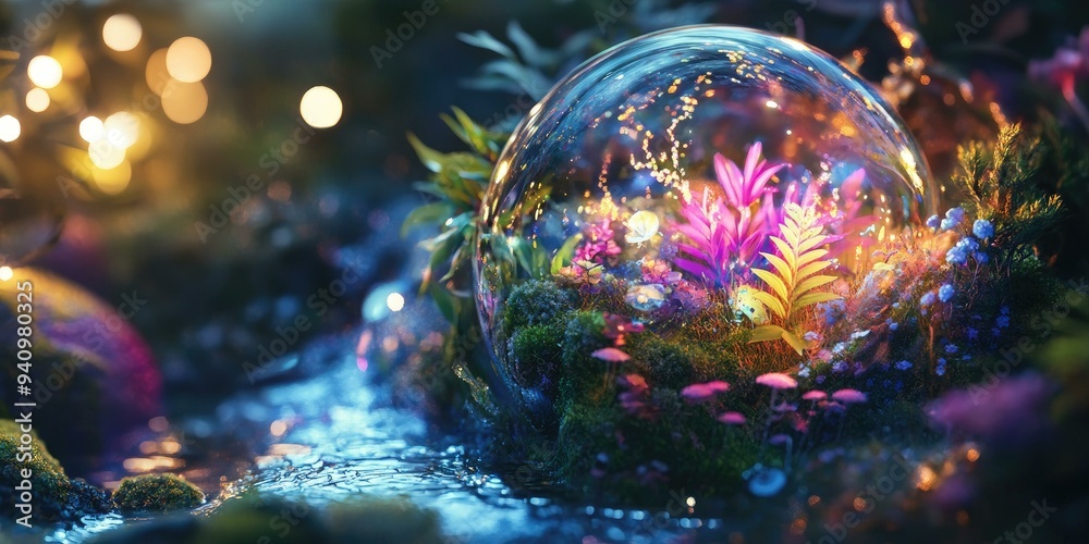 Enchanted garden within a glowing orb. Enchanted garden within a glowing orb.