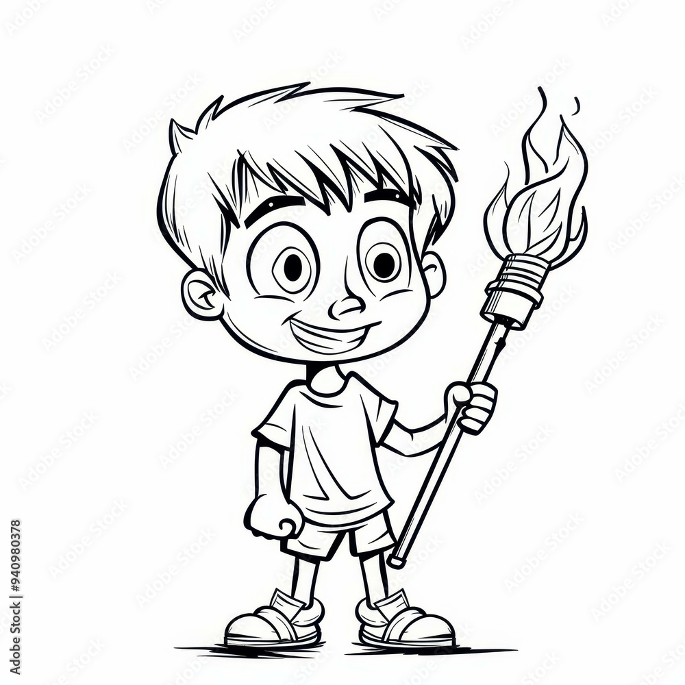 A fun kids coloring page featuring a boy with a torch, perfect for sparking creativity in children ages 3 and up. A fun kids coloring page featuring a boy with a torch, perfect for sparking creativity in children ages 3 and up.