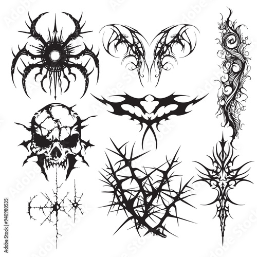  tribal gothic tattoo set, retro futuristic cyber symmetry shapes, vector dark y2k wings, bones. Metal music cover print, alien surreal illustration, skull, stars grunge clipart. Neo tribal symbol