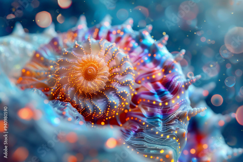 3D magical seashell with imaginative elements, top view, illustrating an enchanting marine world, cybernetic tone, vivid