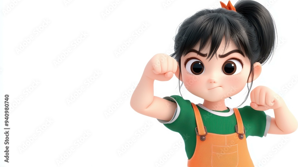 A cute, kawaii girl in vibrant orange overalls and a green tee strikes a strong fighting pose, showing her active spirit. A cute, kawaii girl in vibrant orange overalls and a green tee strikes a strong fighting pose, showing her active spirit.