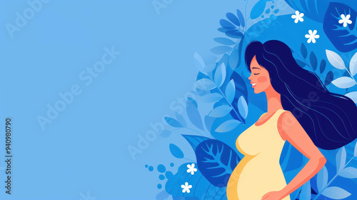 A joyful expectant mother stands against blue leaves, showcasing motherhood and family in a serene flat design.