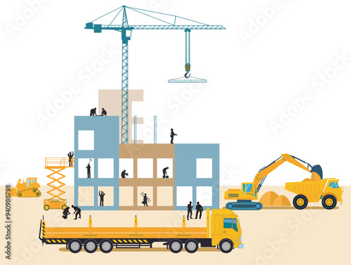 Hochbau mit Kran und Bauunternehmer,   illustration..eps