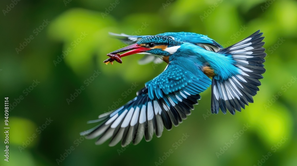 Fototapeta premium Woodland kingfisher captured mid-flight as it brings an insect to its waiting offspring, a vivid display of parental care.