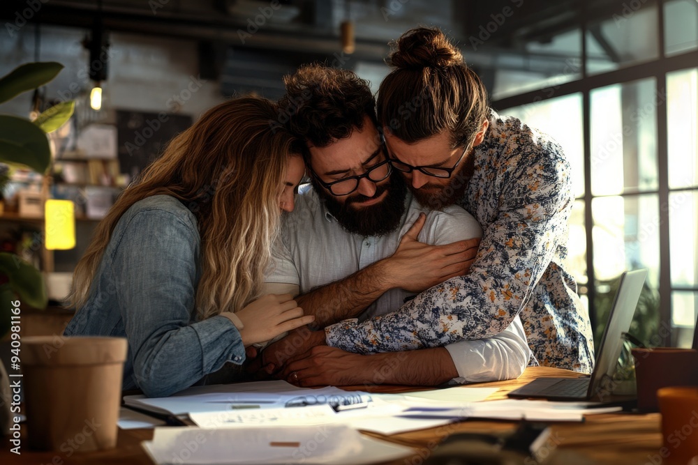 Fototapeta premium Three friends share an emotional embrace, offering comfort and support to each other, displaying deep empathy and connection in a moment of vulnerability and mutual understanding.
