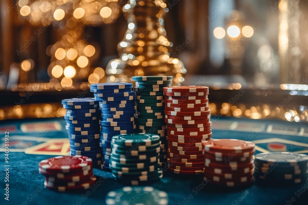Poker chips on the table with bokeh background. Casino concept. Casino equipment.
Poker chips on the table with bokeh background. Casino concept. Casino equipment.