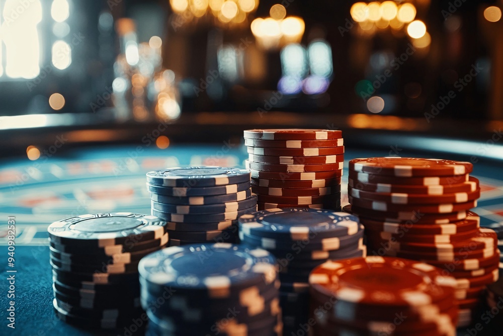 Poker chips on the table with bokeh background. Casino concept. Casino equipment.
Poker chips on the table with bokeh background. Casino concept. Casino equipment.
