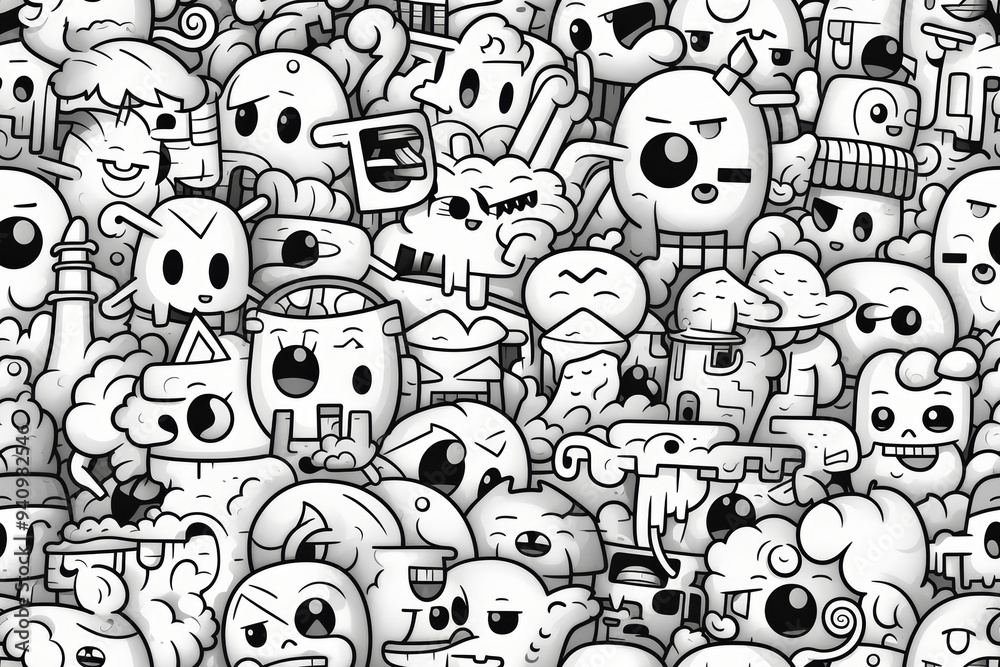 Fototapeta premium A black and white doodle pattern with various cute, quirky, and whimsical characters.